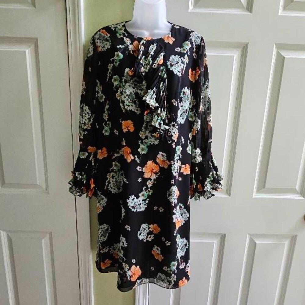 Mikael Aghal Black Floral Ruffled Sheer Sleeves Knee Length Dress Size 8